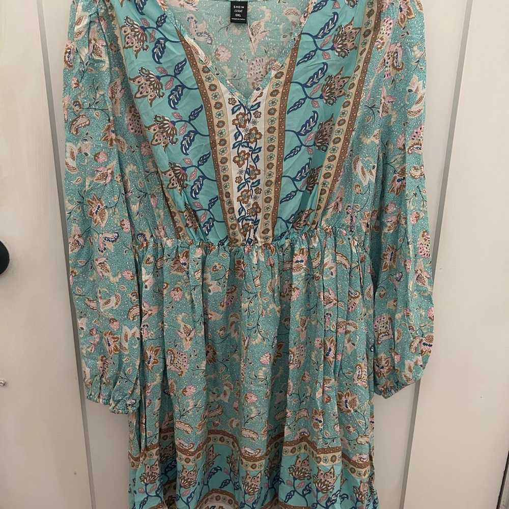 SHEIN Teal and Beige Floral Long Sleeve Dress